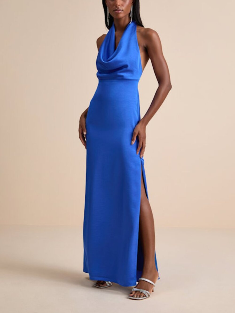 Lulus Carmelo Blue Satin Halter Neck Backless Maxi Dress - Size S
